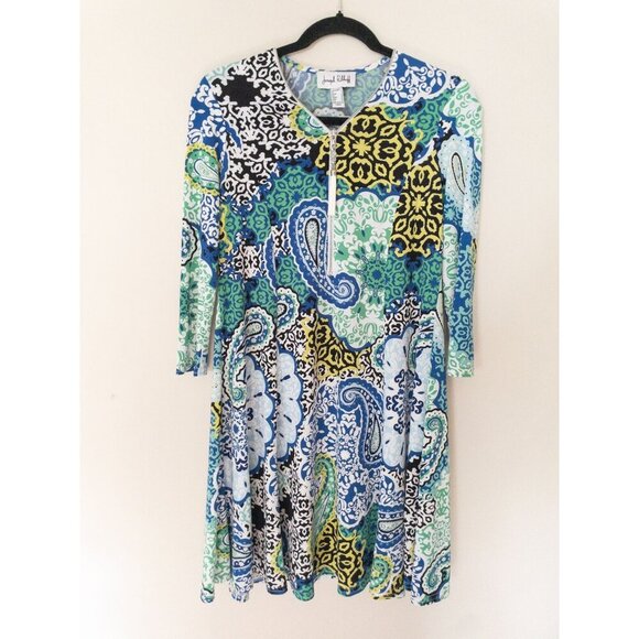 Joseph Ribkoff Paisley Multicolor 3/4 Sleeve Zip-Front A-Line Dress 2 - Picture 7 of 16
